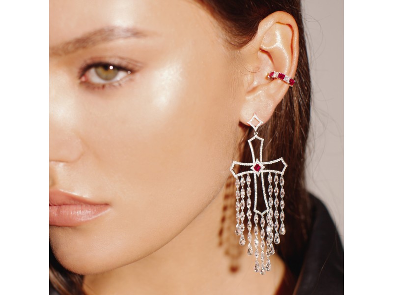 Earrings, 18-carat white gold with diamonds and rubies