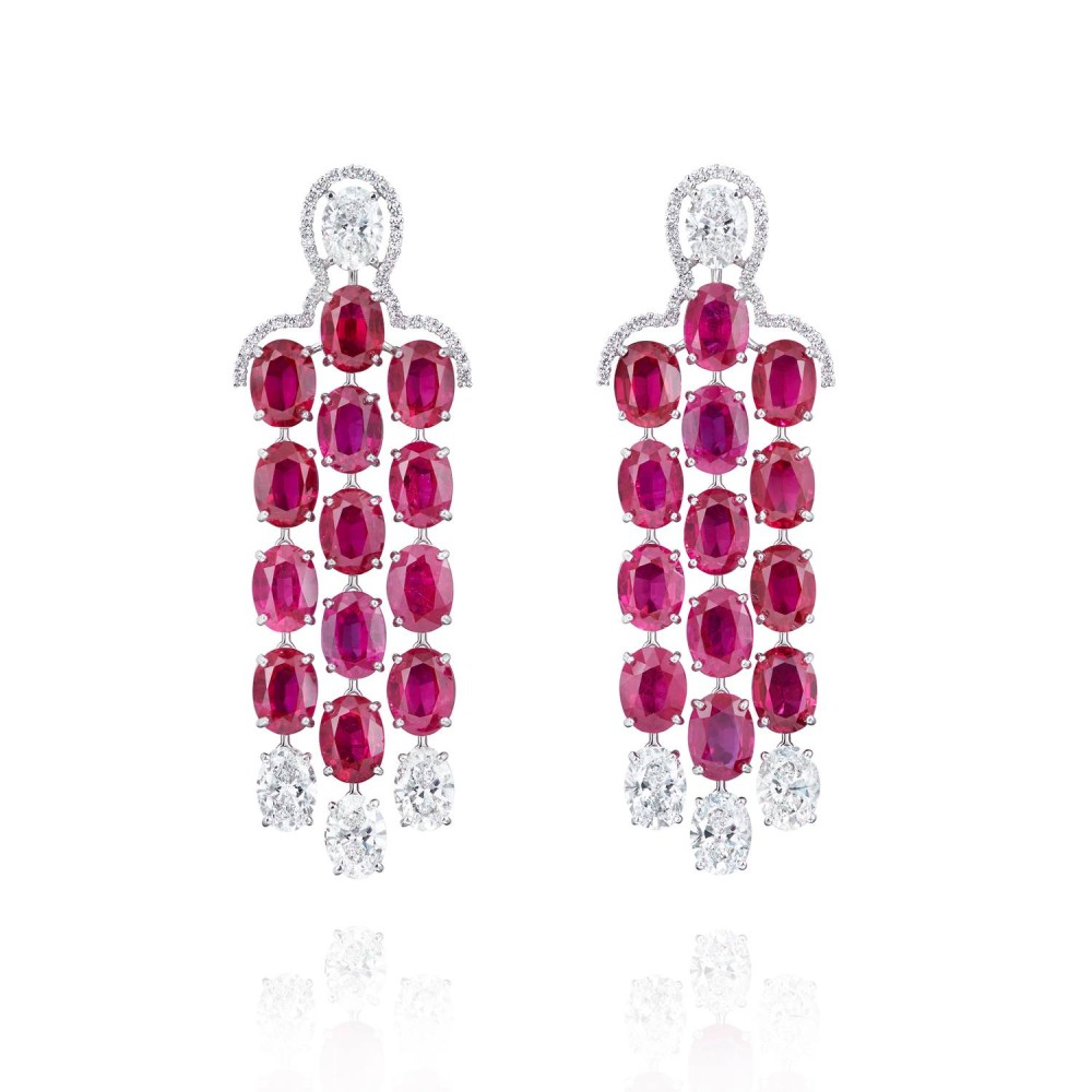 Earrings, 18-carat white gold with diamonds and rubies