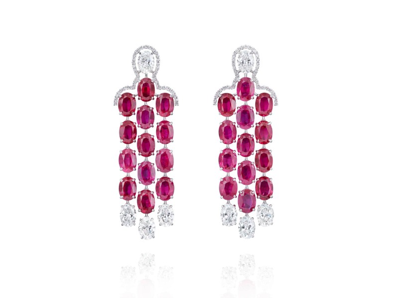 Earrings, 18-carat white gold with diamonds and rubies
