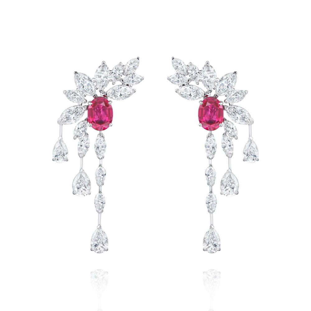 Earrings, 18-carat white gold with diamonds and rubies