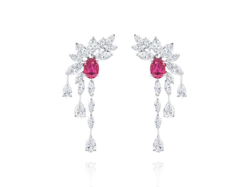 Earrings, 18-carat white gold with diamonds and rubies