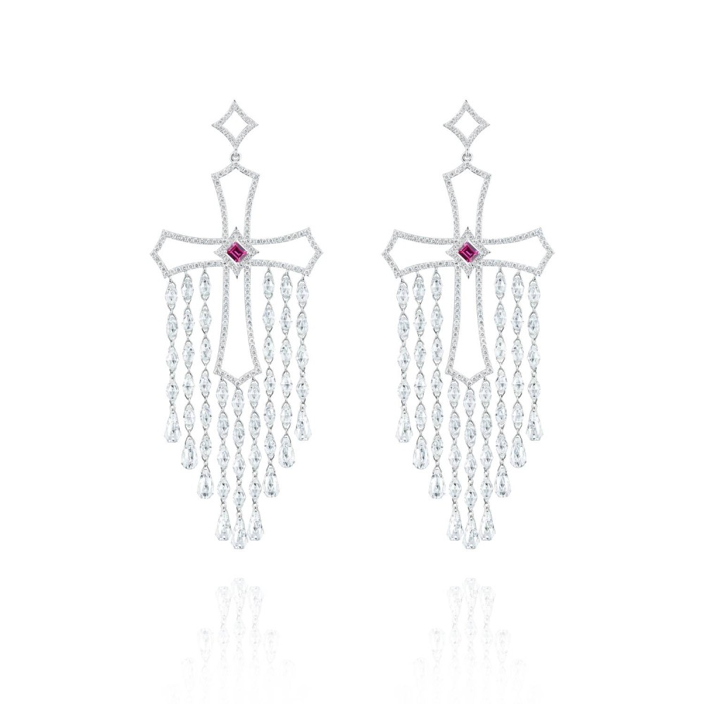 Earrings, 18-carat white gold with diamonds and rubies