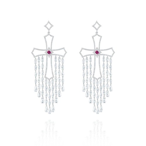 Earrings, 18-carat white gold with diamonds and rubies Earrings, 18-carat white gold with diamonds and rubies