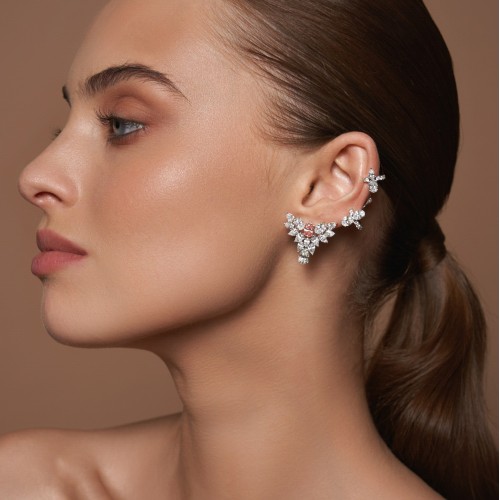 Серьга Кафф, Белое золото 750 пробы с розовыми бриллиантами