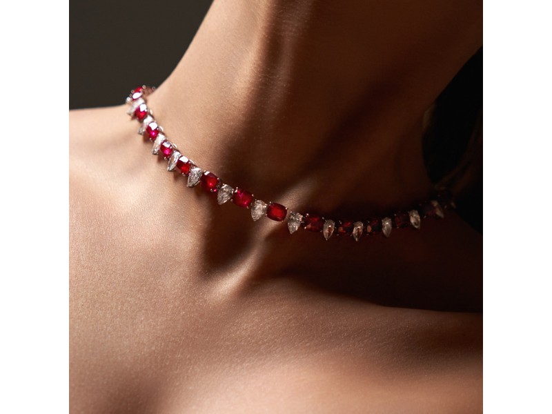 Necklace, 18-carat white gold with diamonds and rubies