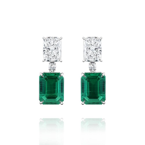 Earrings, 18-carat white gold with diamonds and emeralds