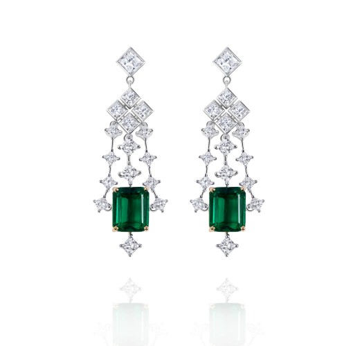 Earrings, 18-carat white gold with diamonds and emeralds
