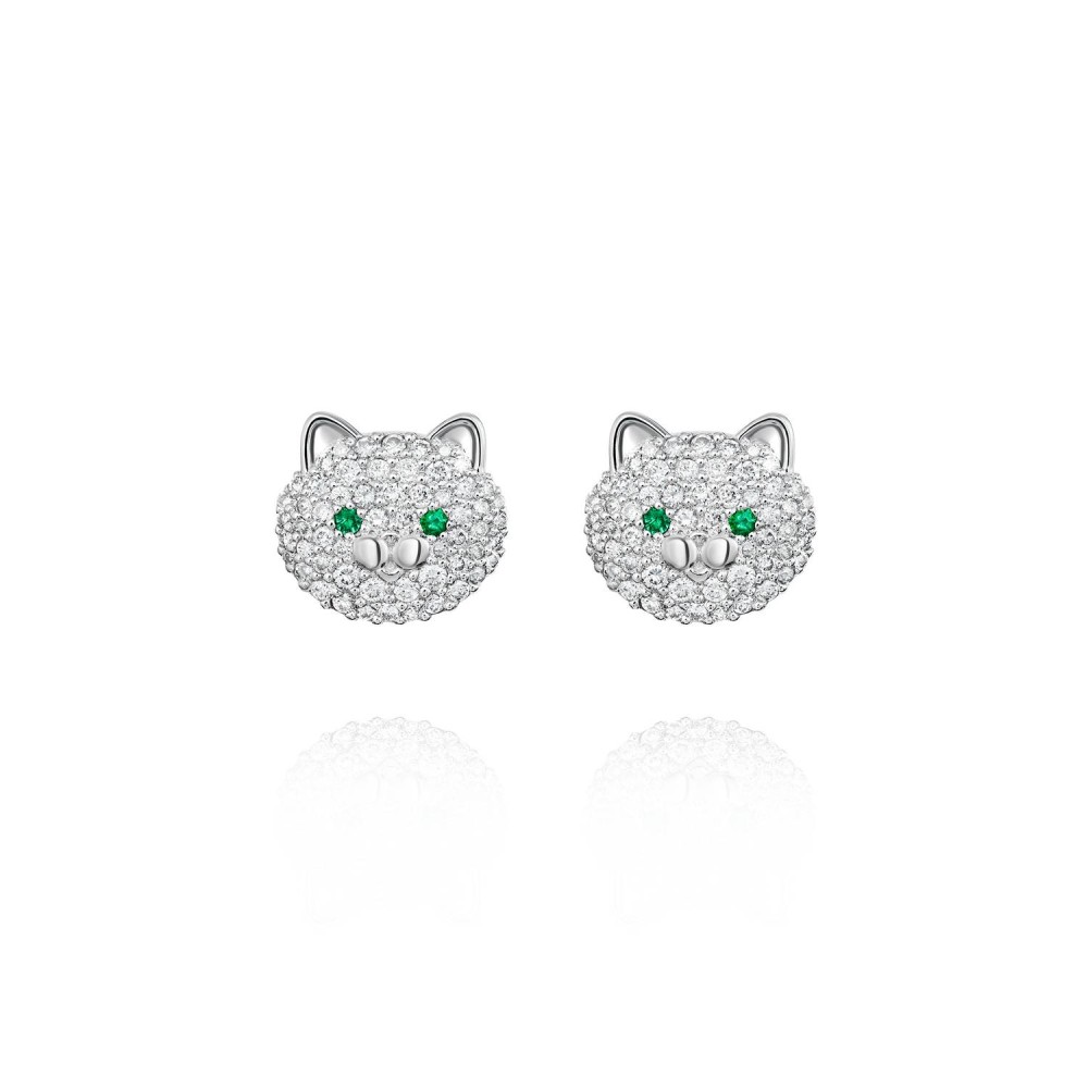 Children's earrings "Cats", 18-carat white gold with diamonds and emeralds