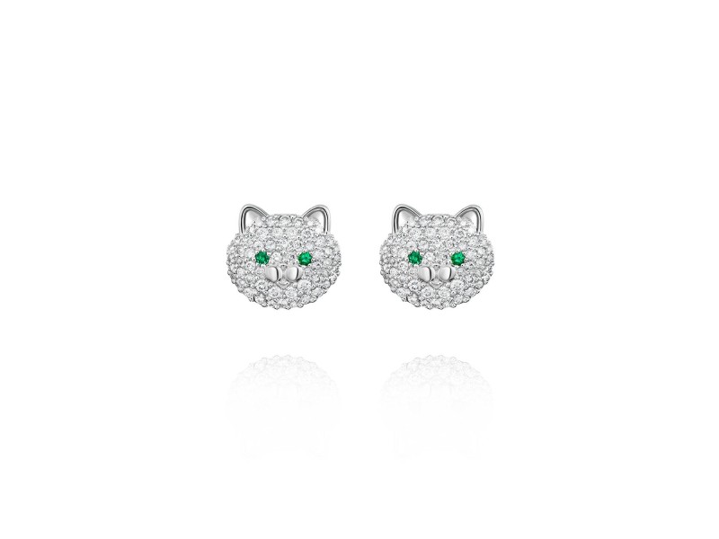 Children's earrings "Cats", 18-carat white gold with diamonds and emeralds
