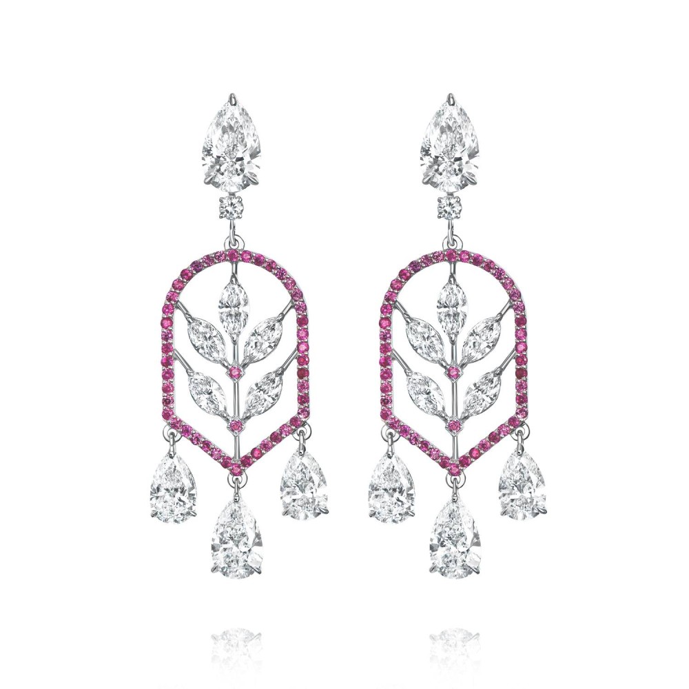 Earrings, 18-carat white gold with diamonds and rubies