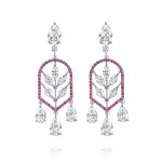 Earrings, 18-carat white gold with diamonds and rubies