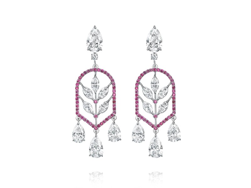 Earrings, 18-carat white gold with diamonds and rubies