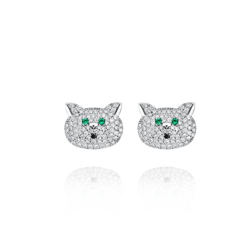 Children's earrings, 18-carat white gold with diamonds and emeralds
