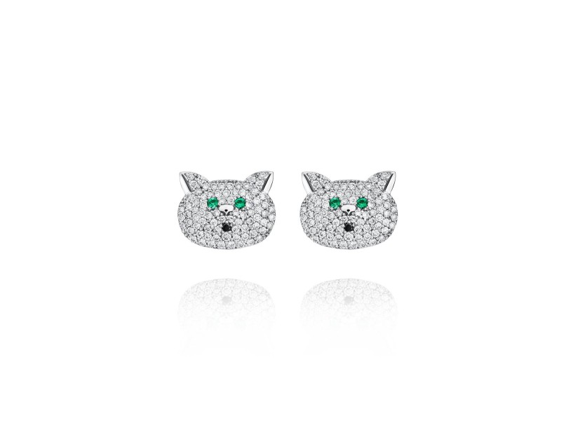 Children's earrings, 18-carat white gold with diamonds and emeralds