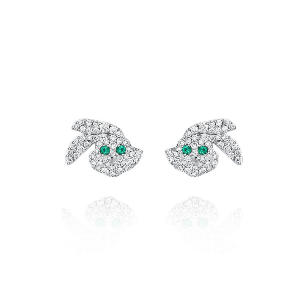 Children's earrings, 18-carat white gold with diamonds and emeralds