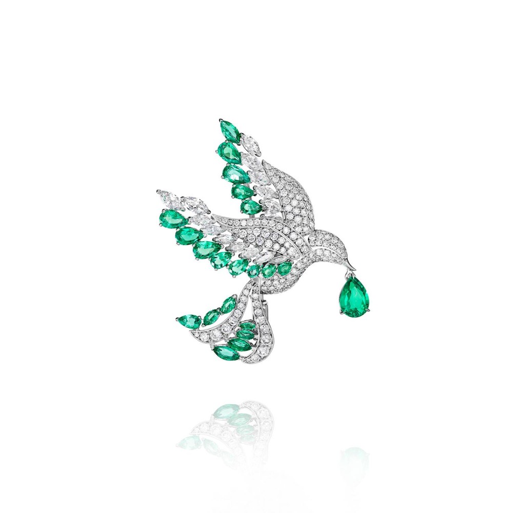 Brooch "Bird", 18-carat white gold with diamonds and emeralds
