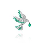 Brooch "Bird", 18-carat white gold with diamonds and emeralds