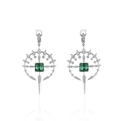 Earrings, 18-carat white gold with diamonds and emeralds