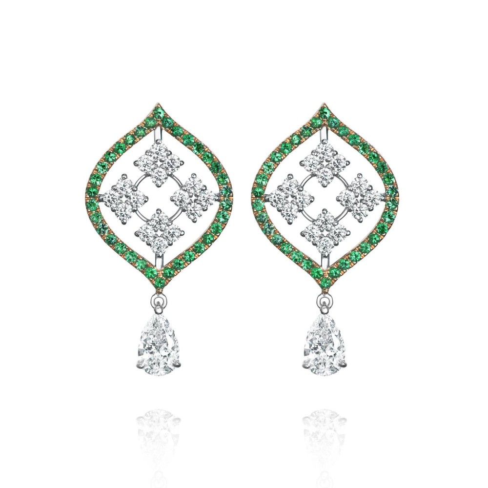 Earrings, 18-carat white gold with diamonds and emeralds