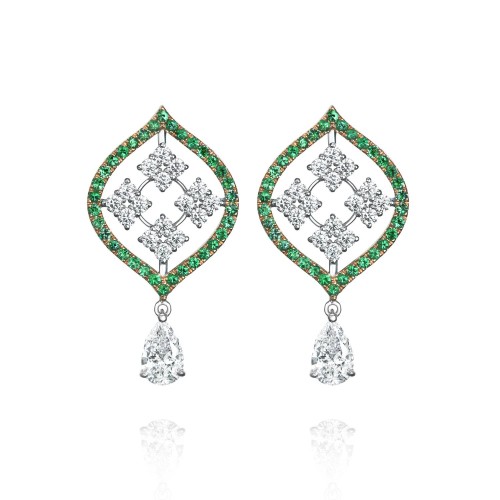 Earrings, 18-carat white gold with diamonds and emeralds Earrings, 18-carat white gold with diamonds and emeralds