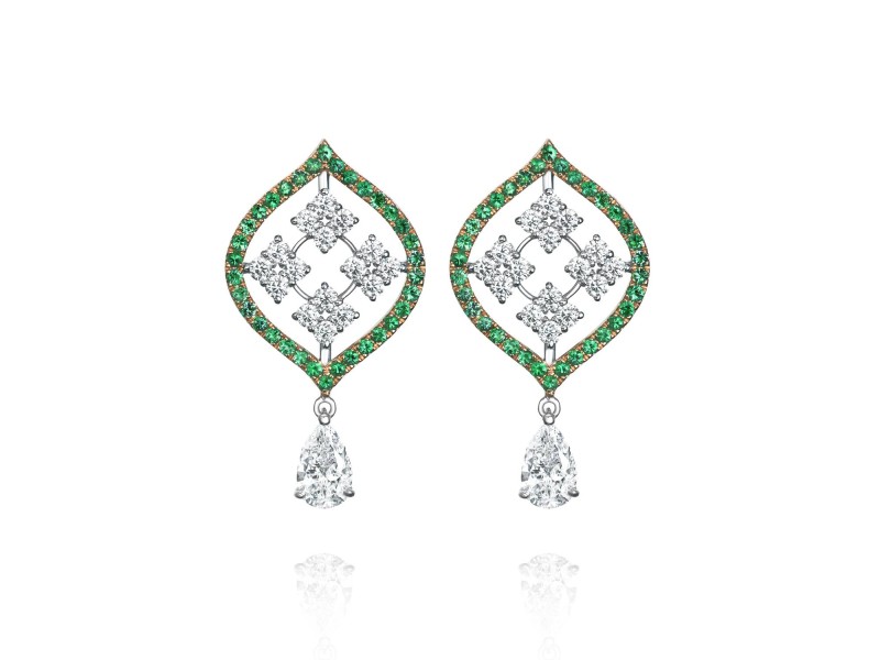 Earrings, 18-carat white gold with diamonds and emeralds