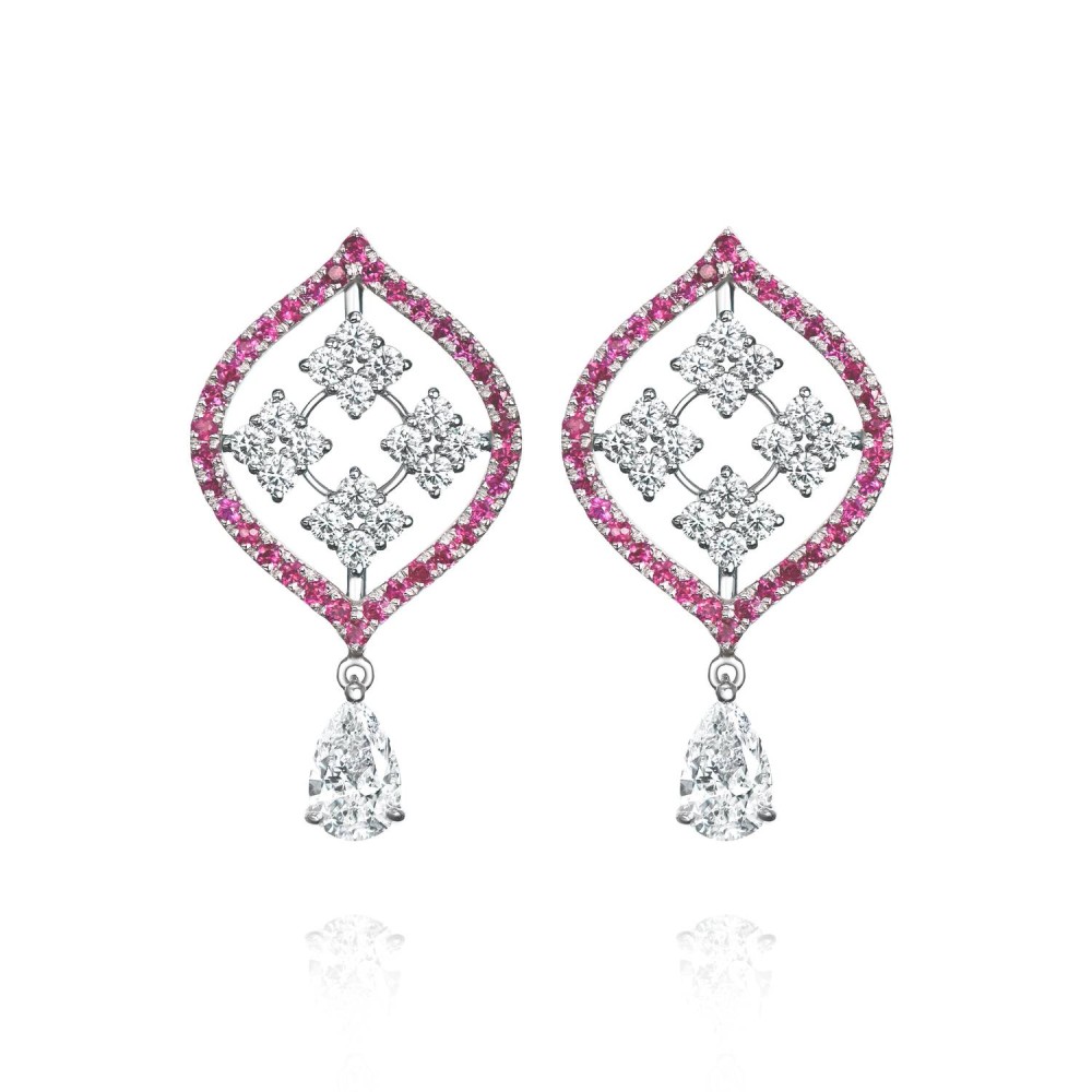 Earrings, 18-carat white gold with diamonds and rubies
