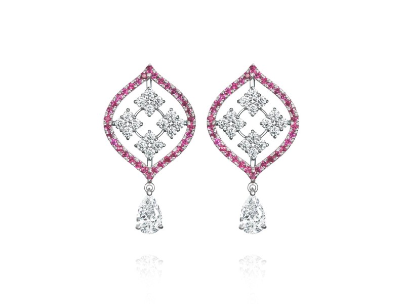 Earrings, 18-carat white gold with diamonds and rubies