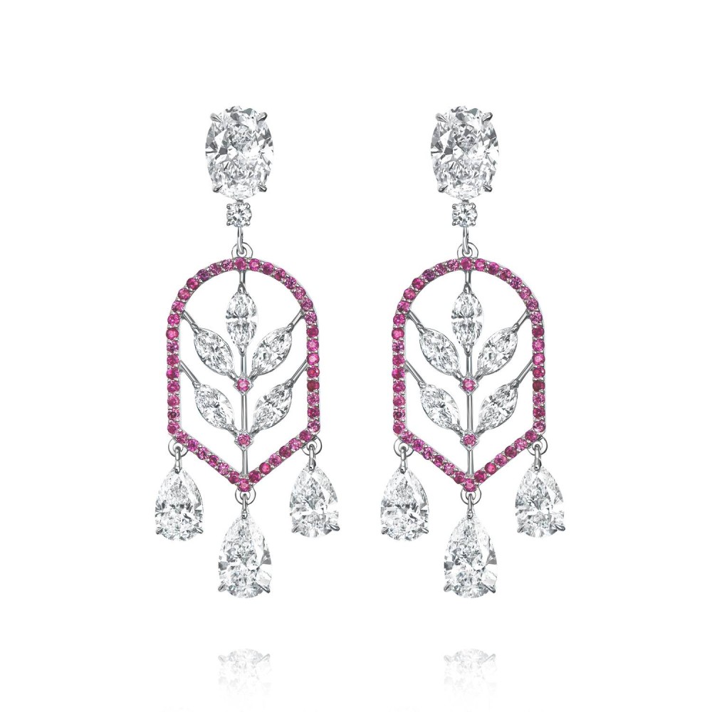 Earrings, 18-carat white gold with diamonds and rubies