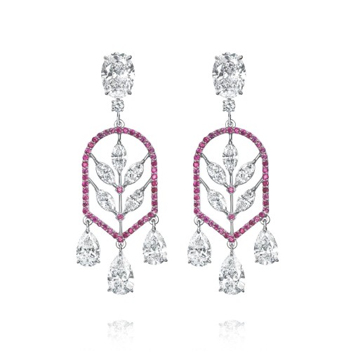 Earrings, 18-carat white gold with diamonds and rubies