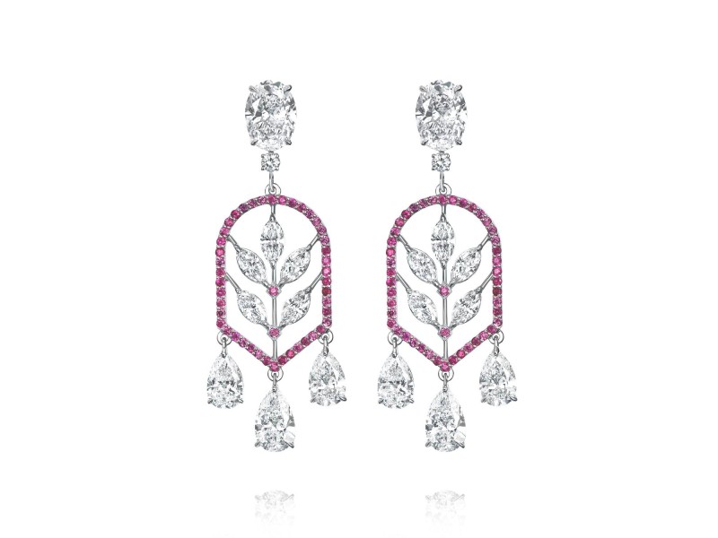 Earrings, 18-carat white gold with diamonds and rubies