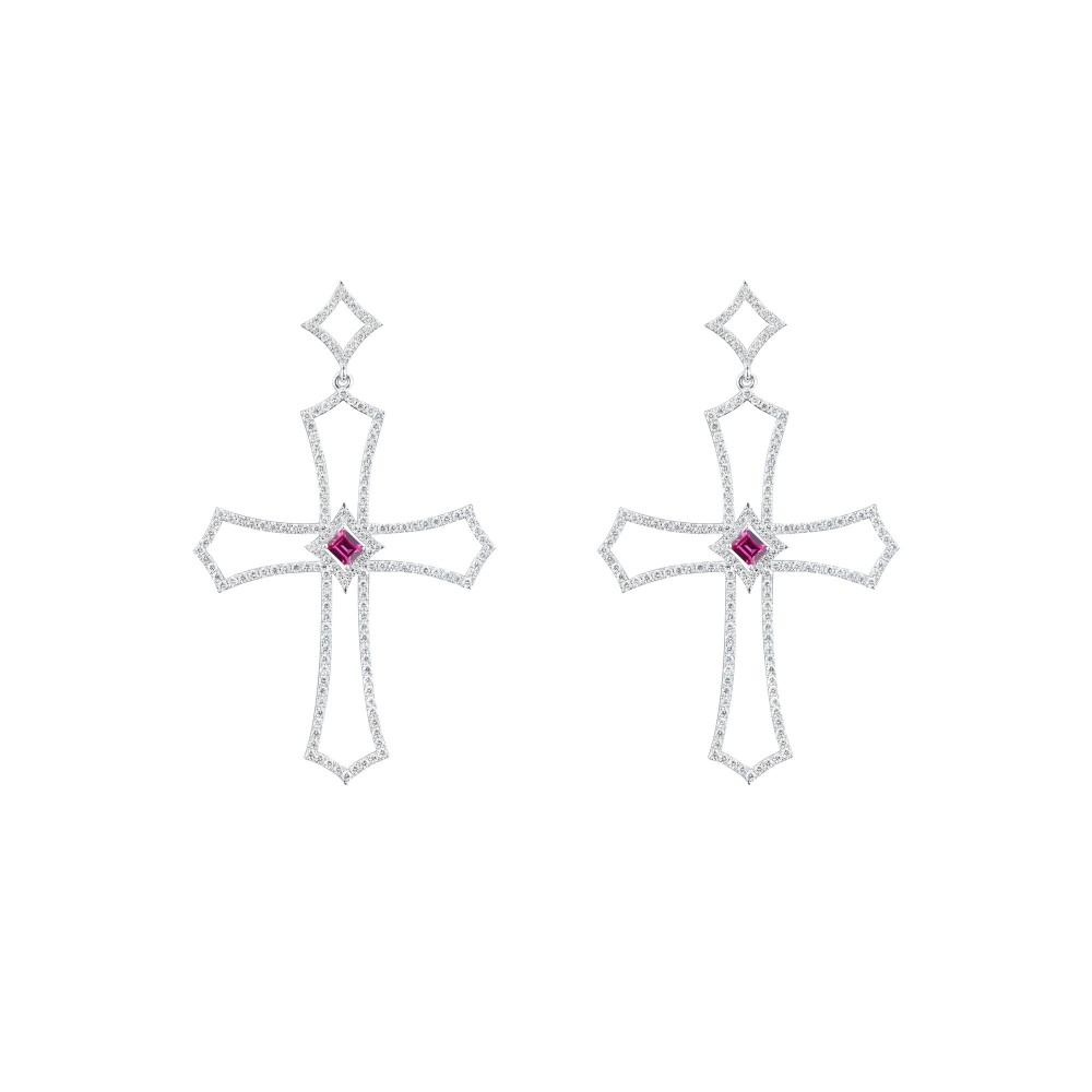 Earrings, 18-carat white gold with diamonds and rubies