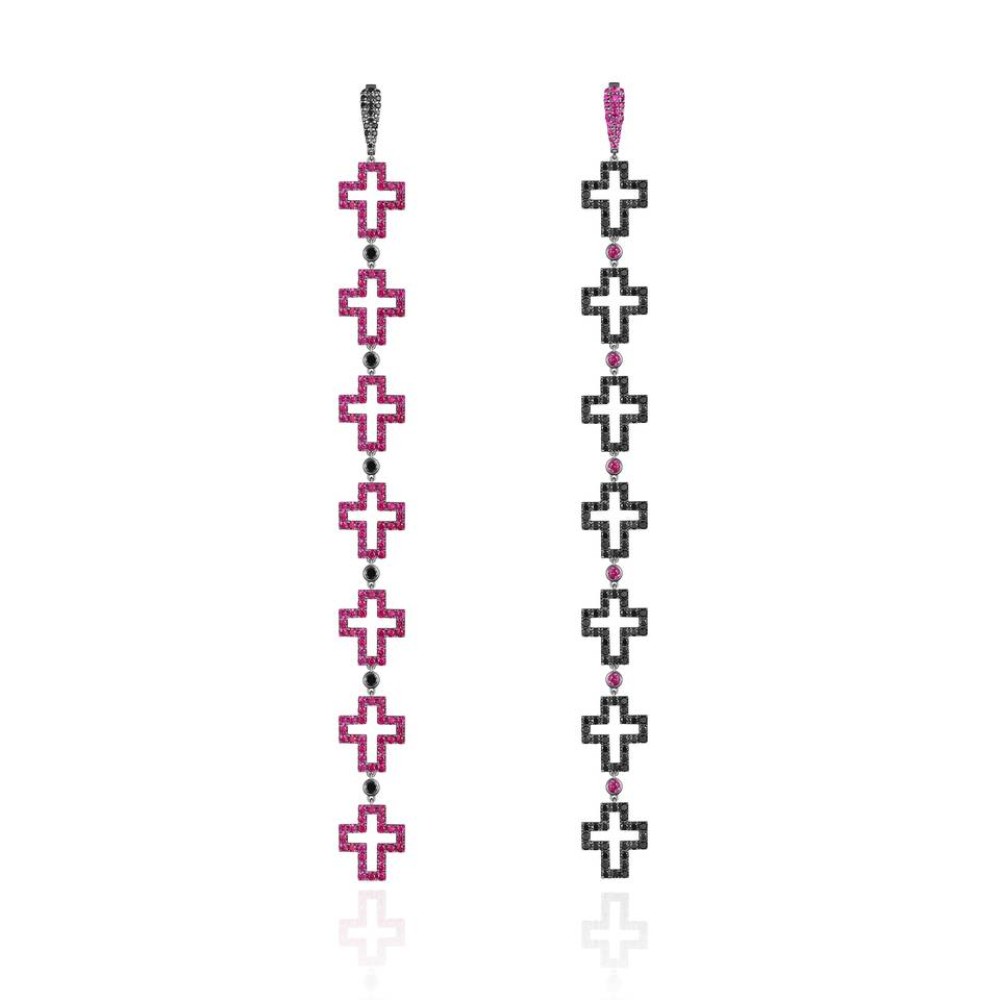 Earrings Crosses, 18-carat white gold with diamonds and rubies