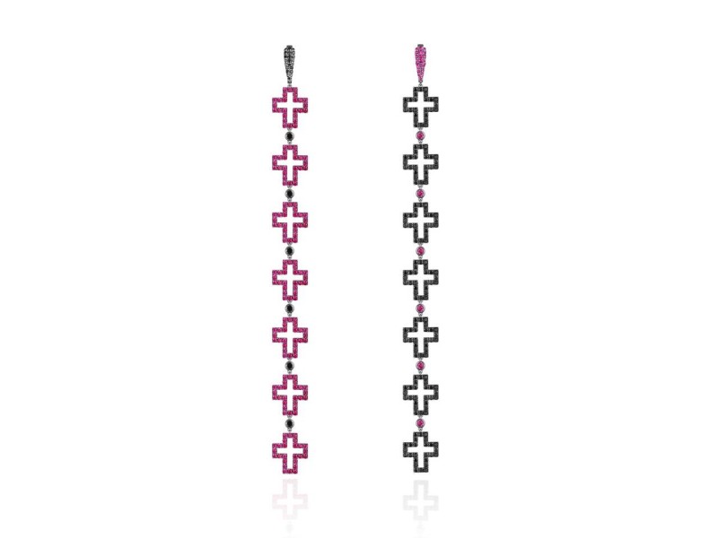 Earrings Crosses, 18-carat white gold with diamonds and rubies