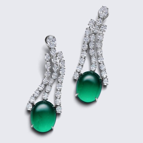 Earrings, 18-carat white gold with diamonds and emeralds