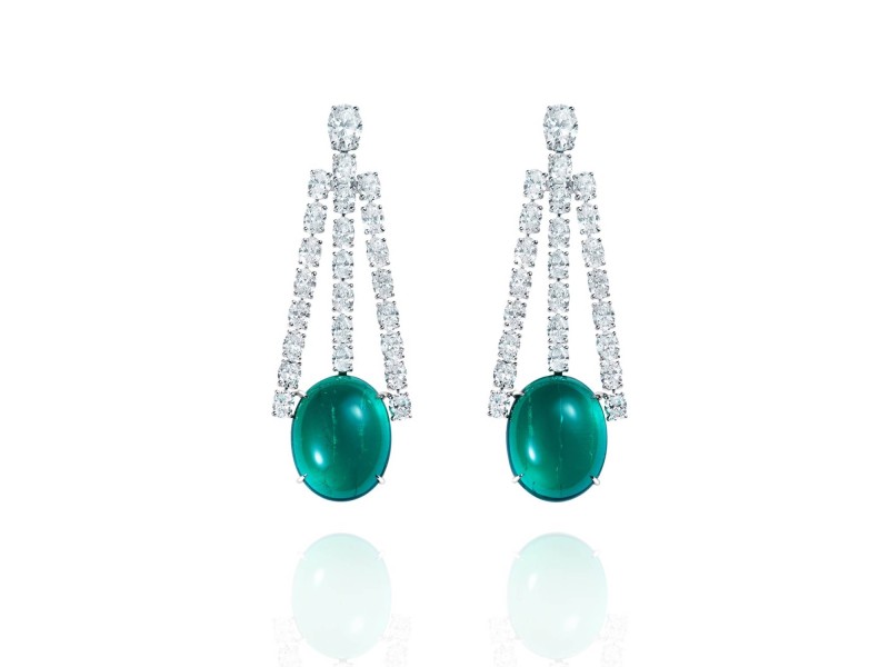 Earrings, 18-carat white gold with diamonds and emeralds