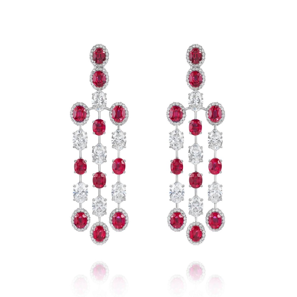 Earrings, 18-carat white gold with diamonds and rubies