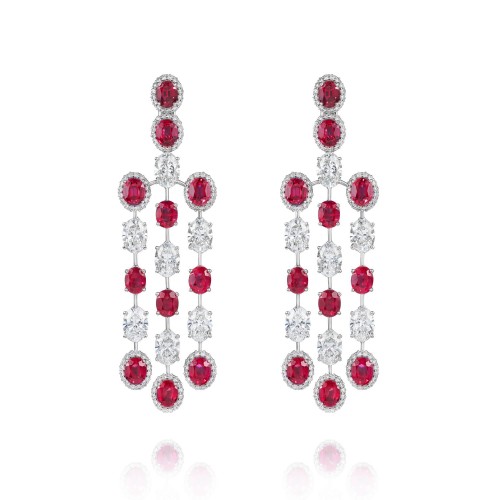 Earrings, 18-carat white gold with diamonds and rubies